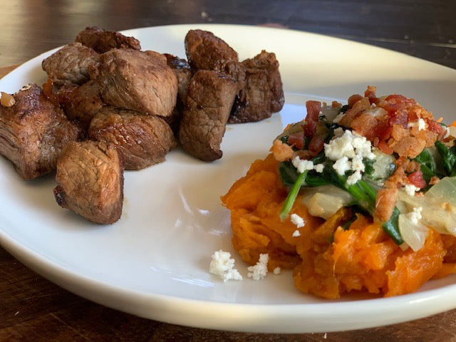 Korean BBQ Beef & Coconut Crema Spinach Stuffed Sweet Potatoes