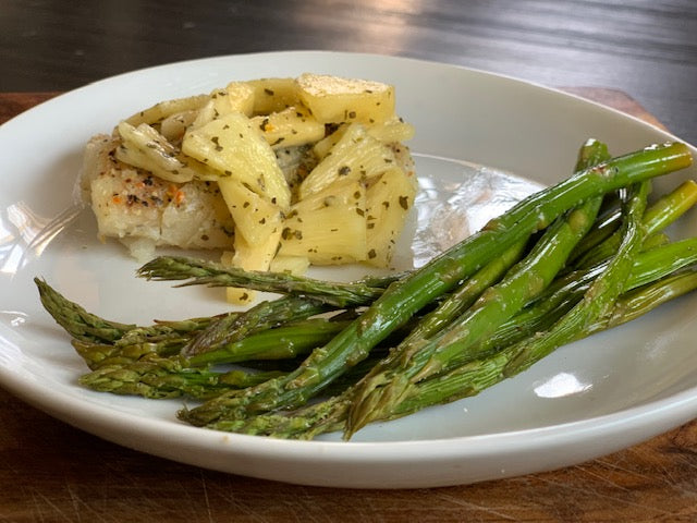 Lime Butter Cod w/ Pineapple Slaw & Asparagus