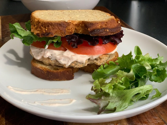 Smoked Salmon Burger w/ Lemon Aioli and Mushroom Bacon Slaw