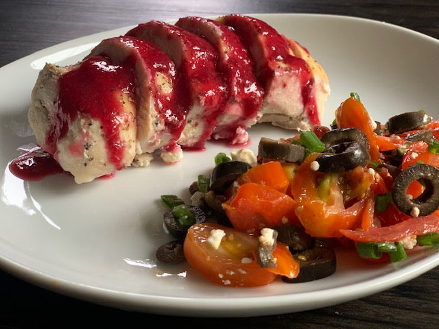 Stuffed Chicken w/ Lemon Raspberry Sauce & Mediterranean Salad