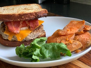 Bacon cheeseburger w/ sweet potato fries