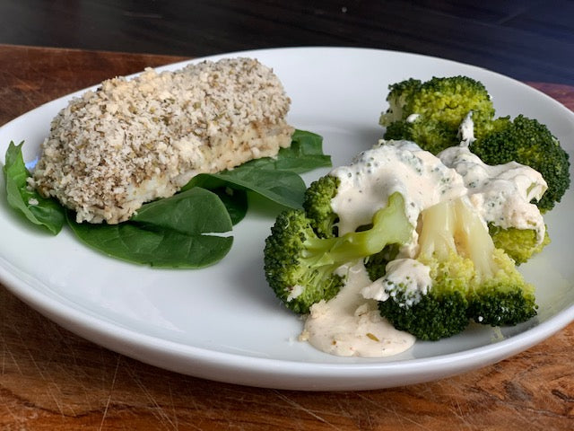 Italian Encrusted Halibut W. Creamy Garlic Broccoli