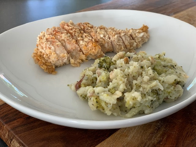 Oatmeal Chicken w/ Broccoli & Potato Au Gratin